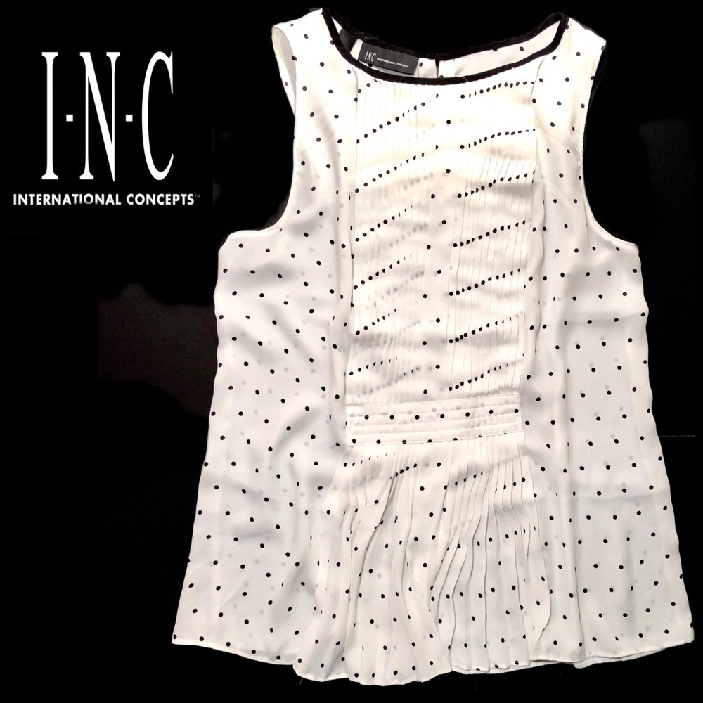 INC pleated dress tank/sheath; ivory+black dots 10